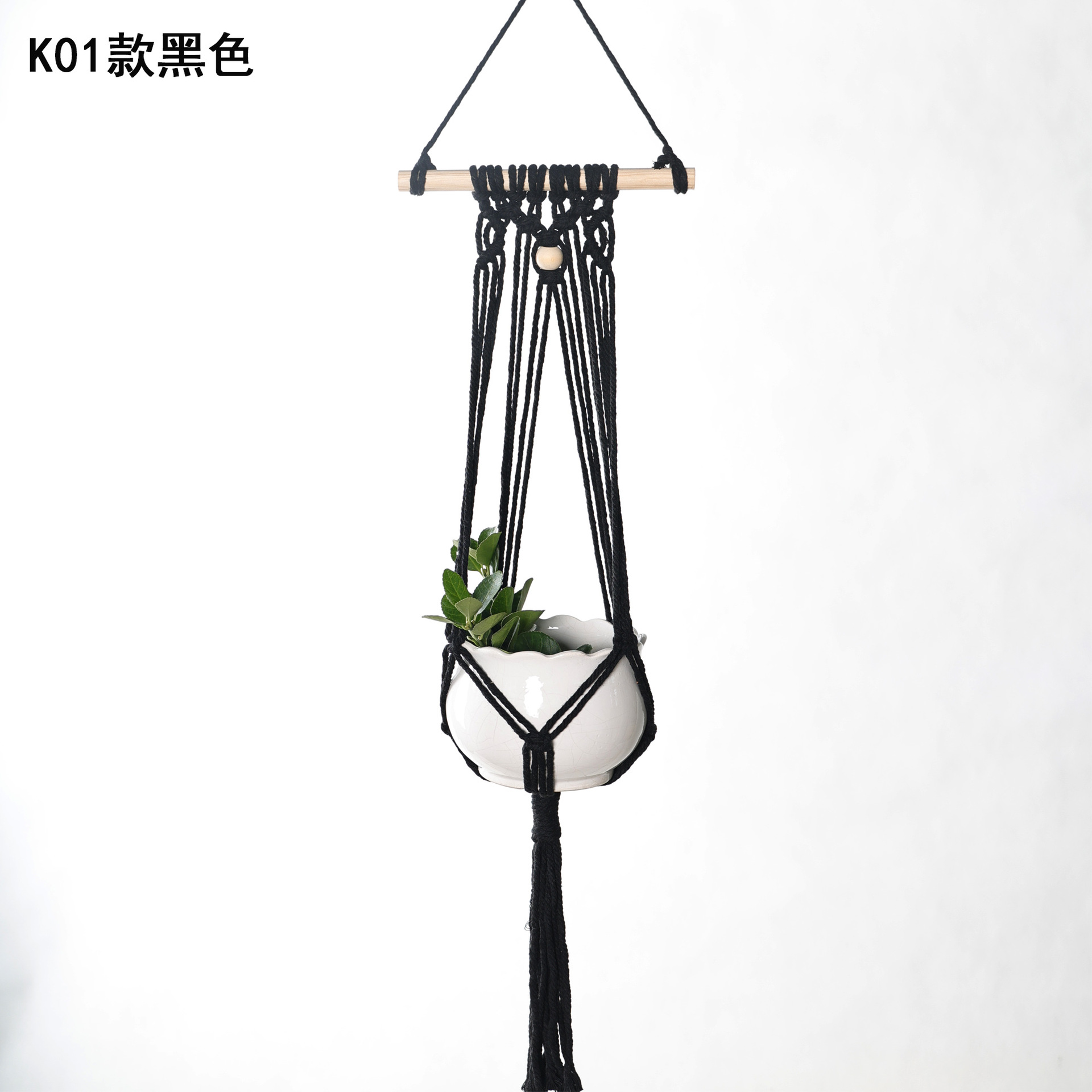 园艺绿化花盆麻绳吊网 K款木棍悬挂吊篮编织细麻绳吊篮的实用与美学